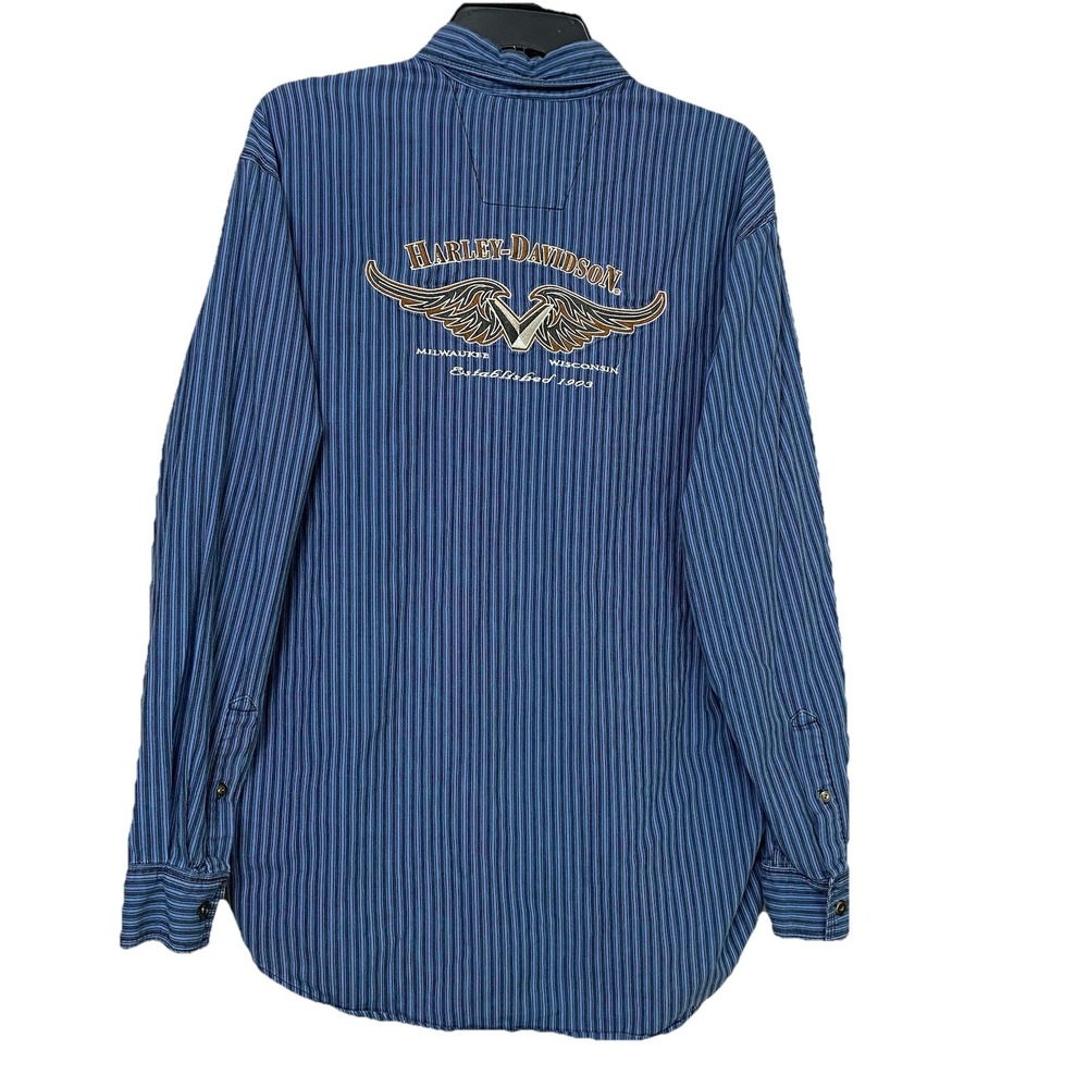VTG Harley Davidson Button Up Shirt Mens M Blue-Black Stripe Milwaukee Wisconsin